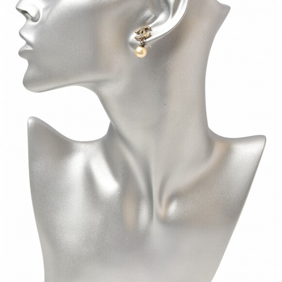 CHANEL Authentic Gold Pearl Logo Earrings